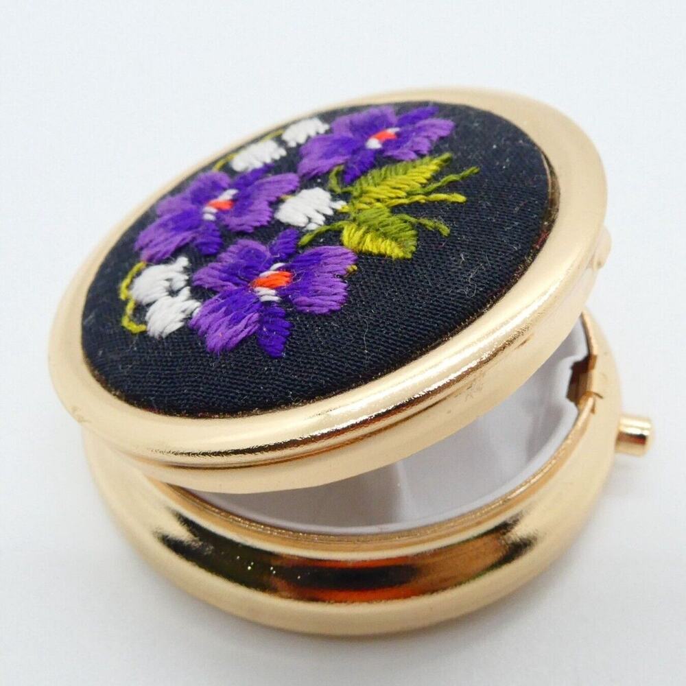 Embroidered Pill Box Purple Pansies on Black 3 Sections 1.7in Round Gold Tone